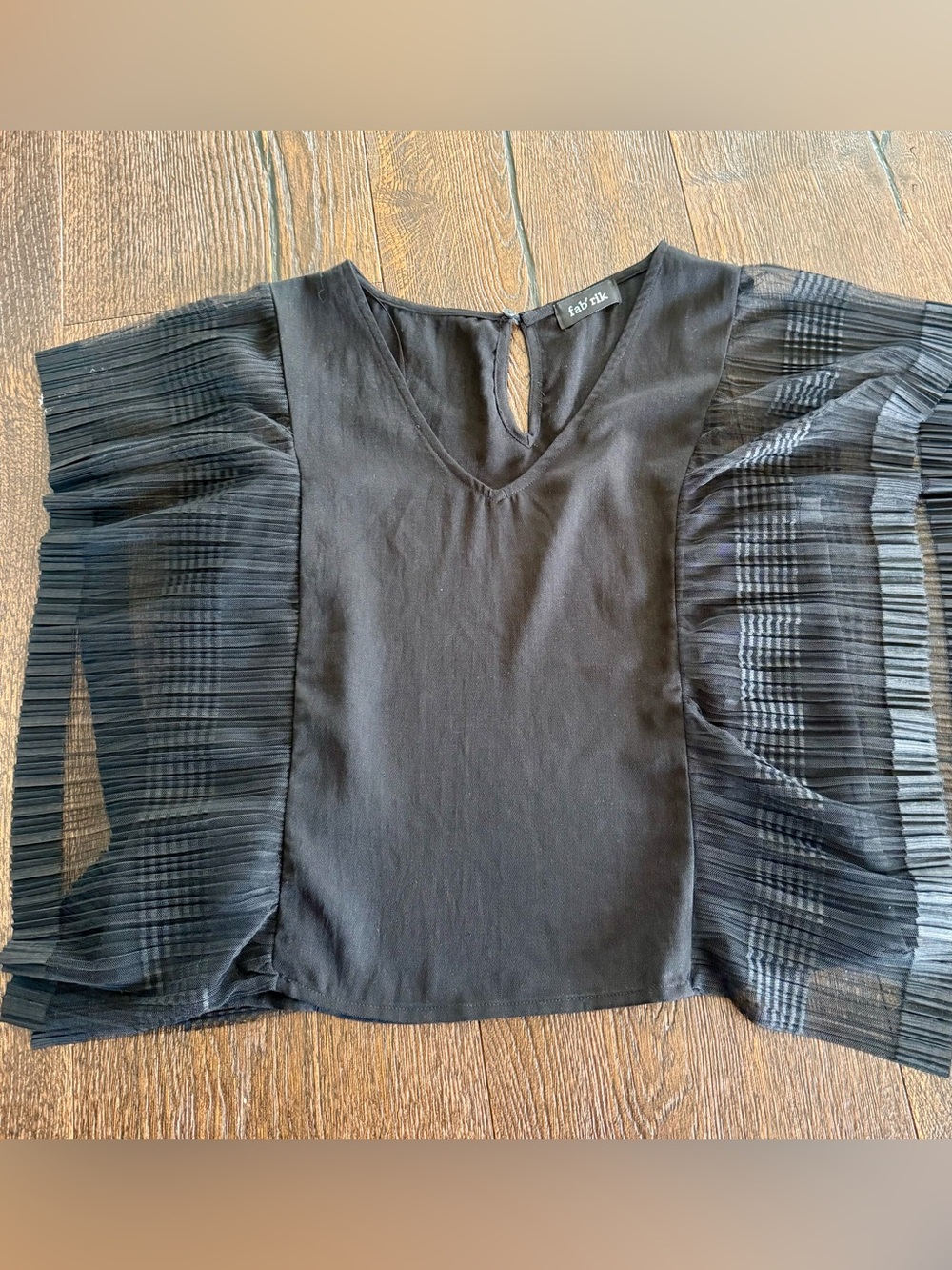 fab'rik Black V-Neck Top with Sheer Pleated Sleeve Panels